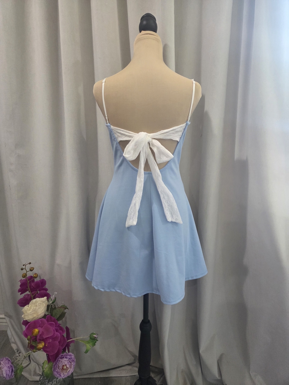 Light Blue Tie-Back Chemise with White Bow Detail